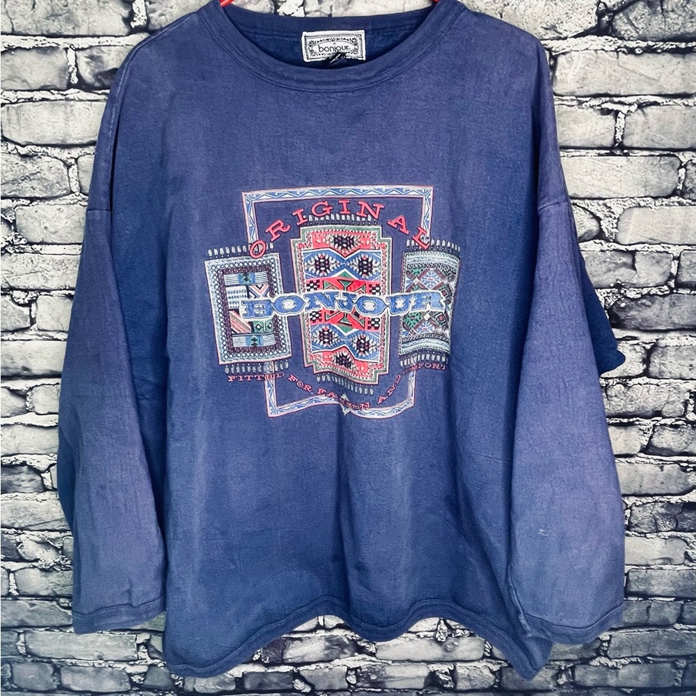 Vintage Bonjour Aztec Graphic Crew Neck Size 18/20 XL  100% Cotton Made In USA